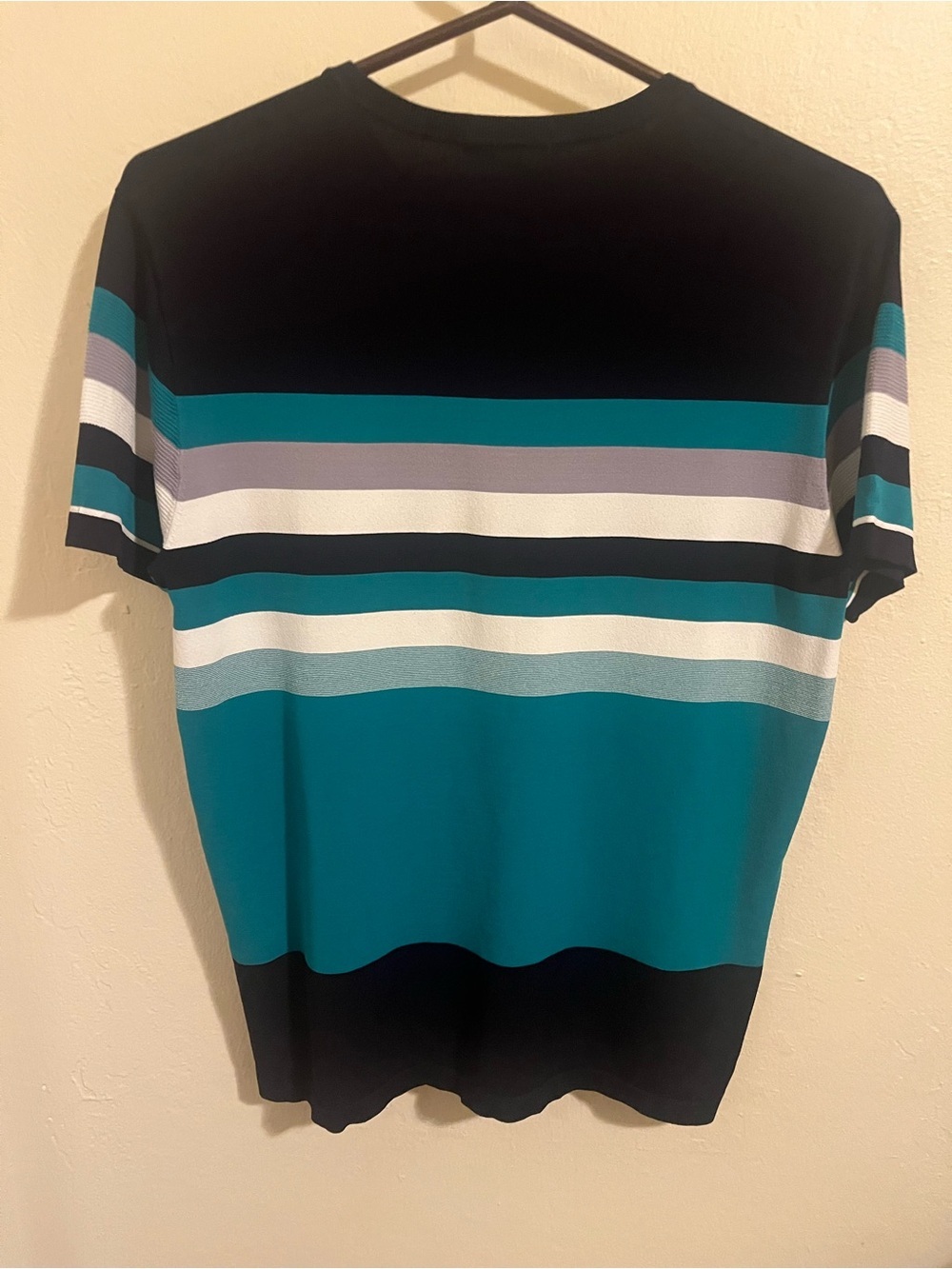 G Y Goldlion Crewneck Striped Knit Tee in Teal, Black & White - Picture 4 of 5